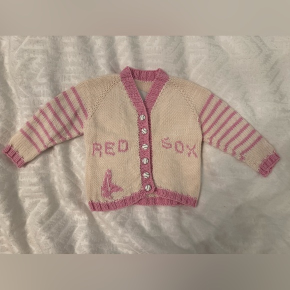 Handmade knitted Kids Pink and Cream Red Sox Cardigan 58 baseball - Picture 1 of 8